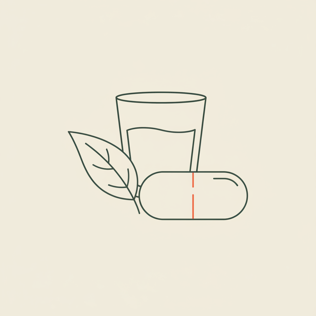 Minimal Tonum-style line illustration of a tea leaf, capsule, and glass of water on beige background representing green tea weight loss pills.