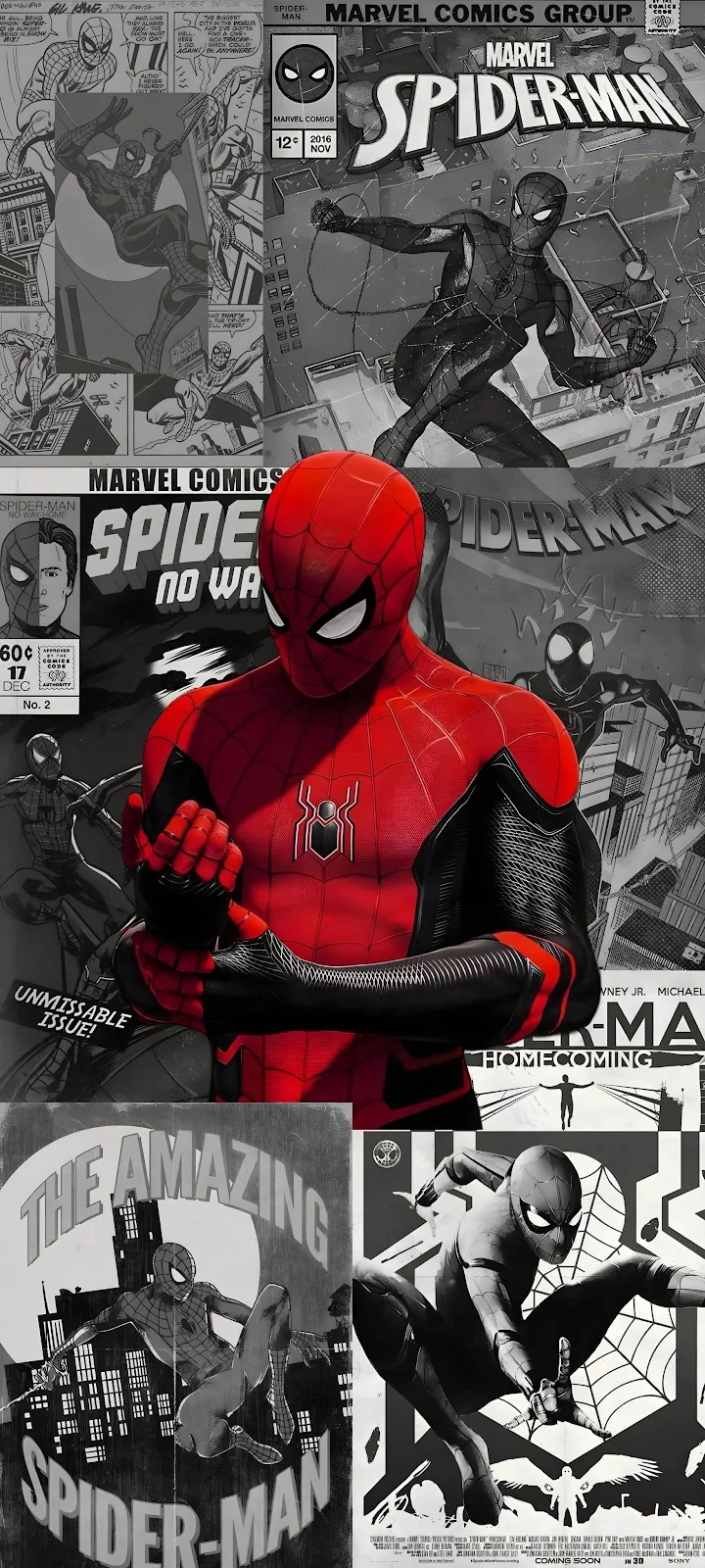 Spider-Man Red Suit Collage - Comic Book Collage 2K iPhone Wallpaper (1844x4096)