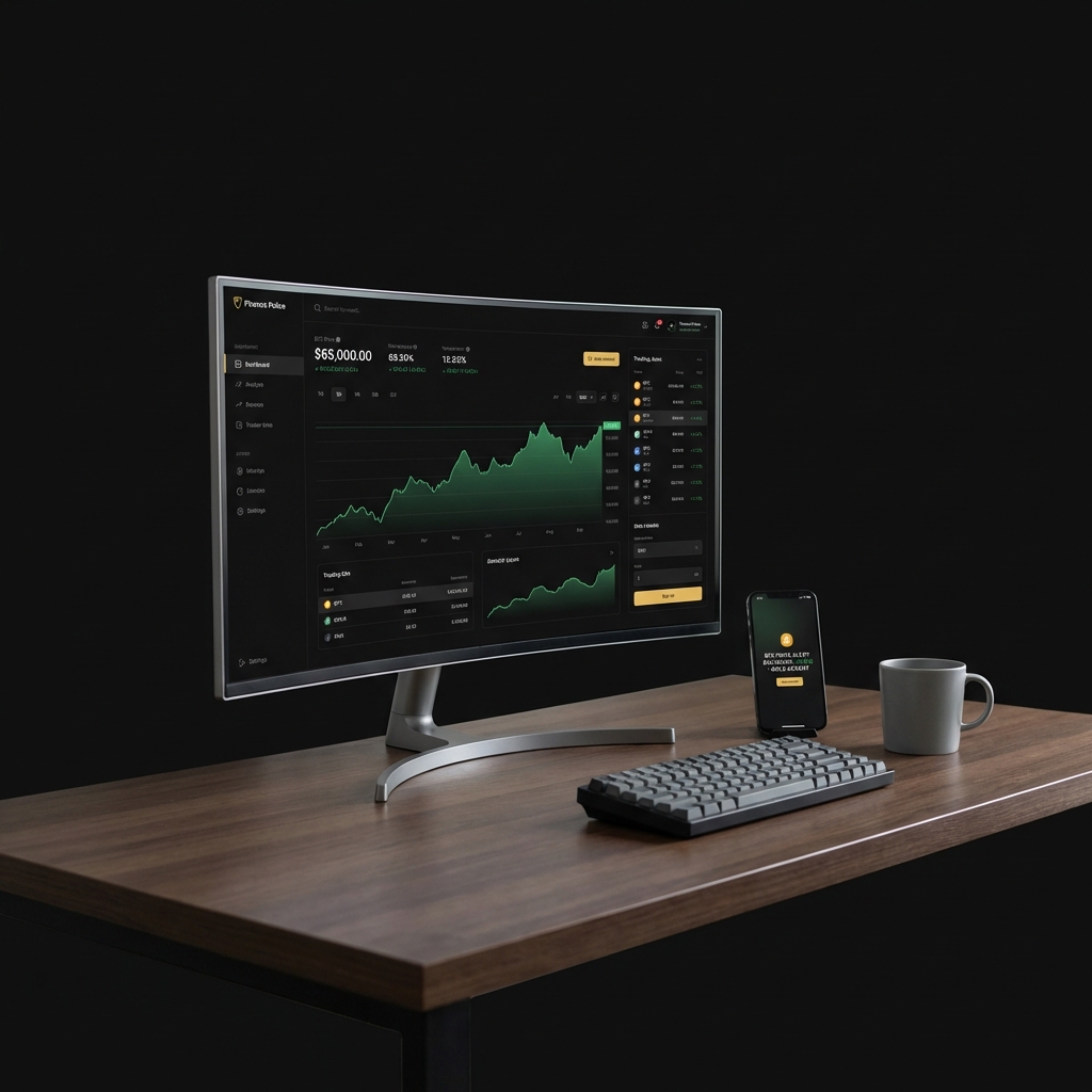 Minimalist full frame trading workspace showing monitor and smartphone illustrating how to make $100 a day trading cryptocurrency with green price lines on a dark brand background