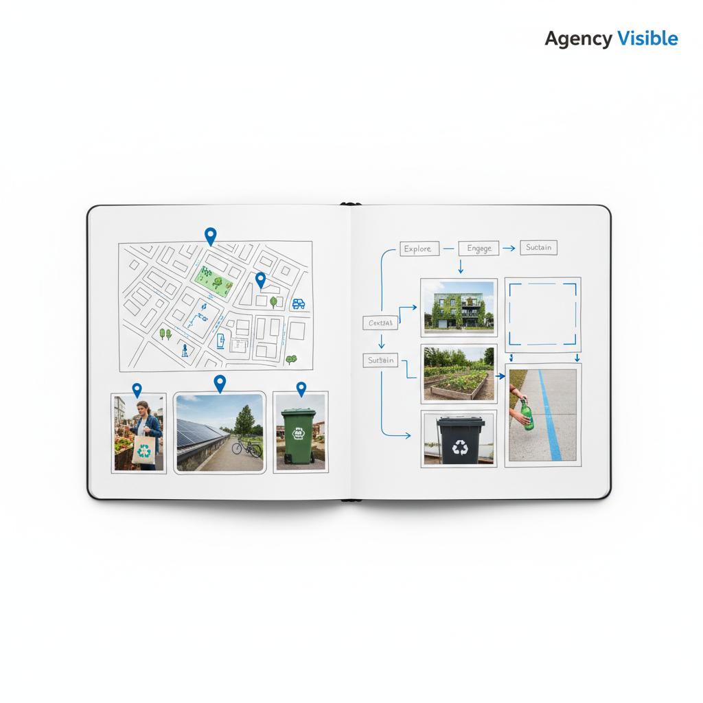 Flat-lay notebook spread showing a minimalist neighborhood guide with map snippets, clipped street and park photos, and storyboard sketches for a 30&ndash;45s video, twitter for real estate