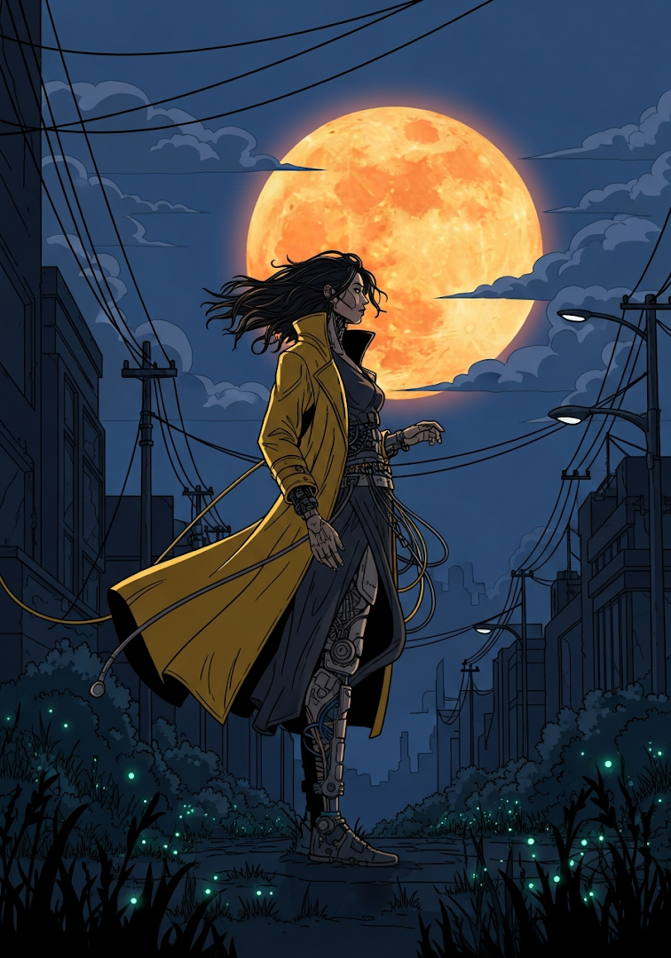 Cyberpunk Woman Long Coat Full Moon Alley Art
