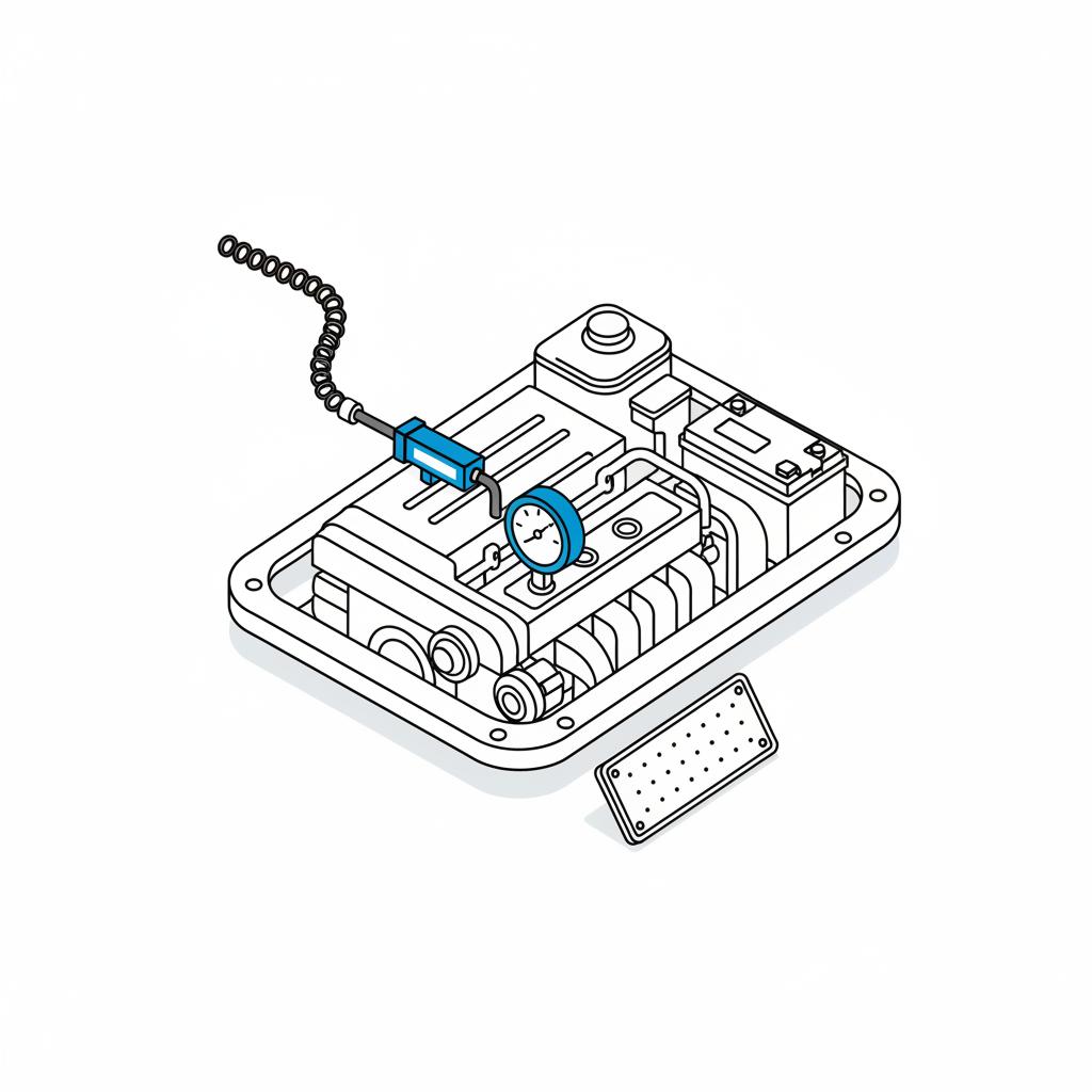 Minimalist 2D vector of a compact engine with a compression gauge attached and a visible VIN plate in the foreground abstracted no readable text, relevant to toyota corolla for sale