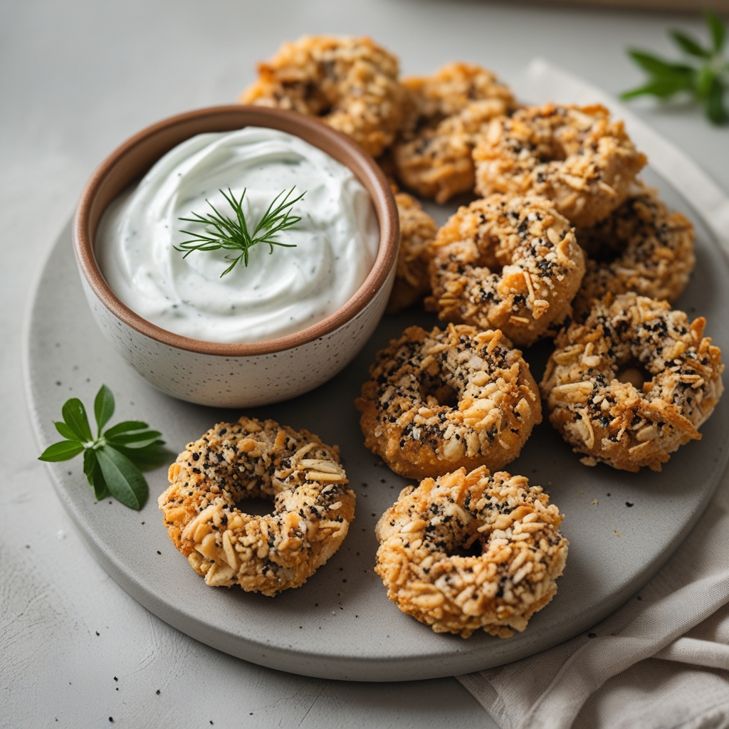 Crispy Everything Bagel Cornflake Chicken Bites with Whipped Dill-Pickle Yogurt Dip