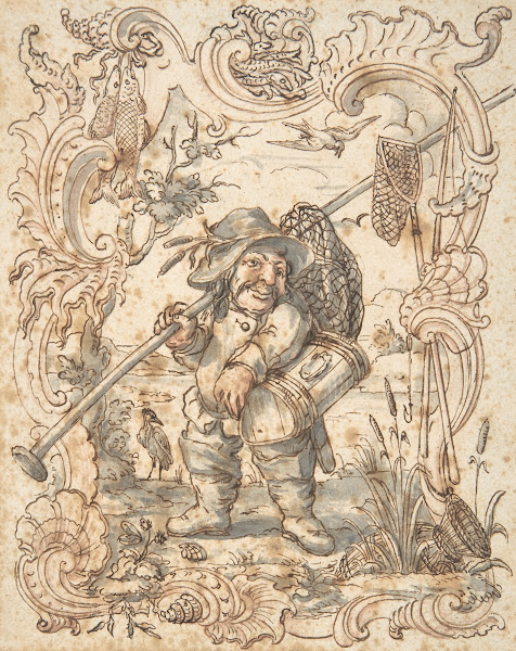 Caricatures of a Fish and a Bird Peddler in Ornamental Frames 173588