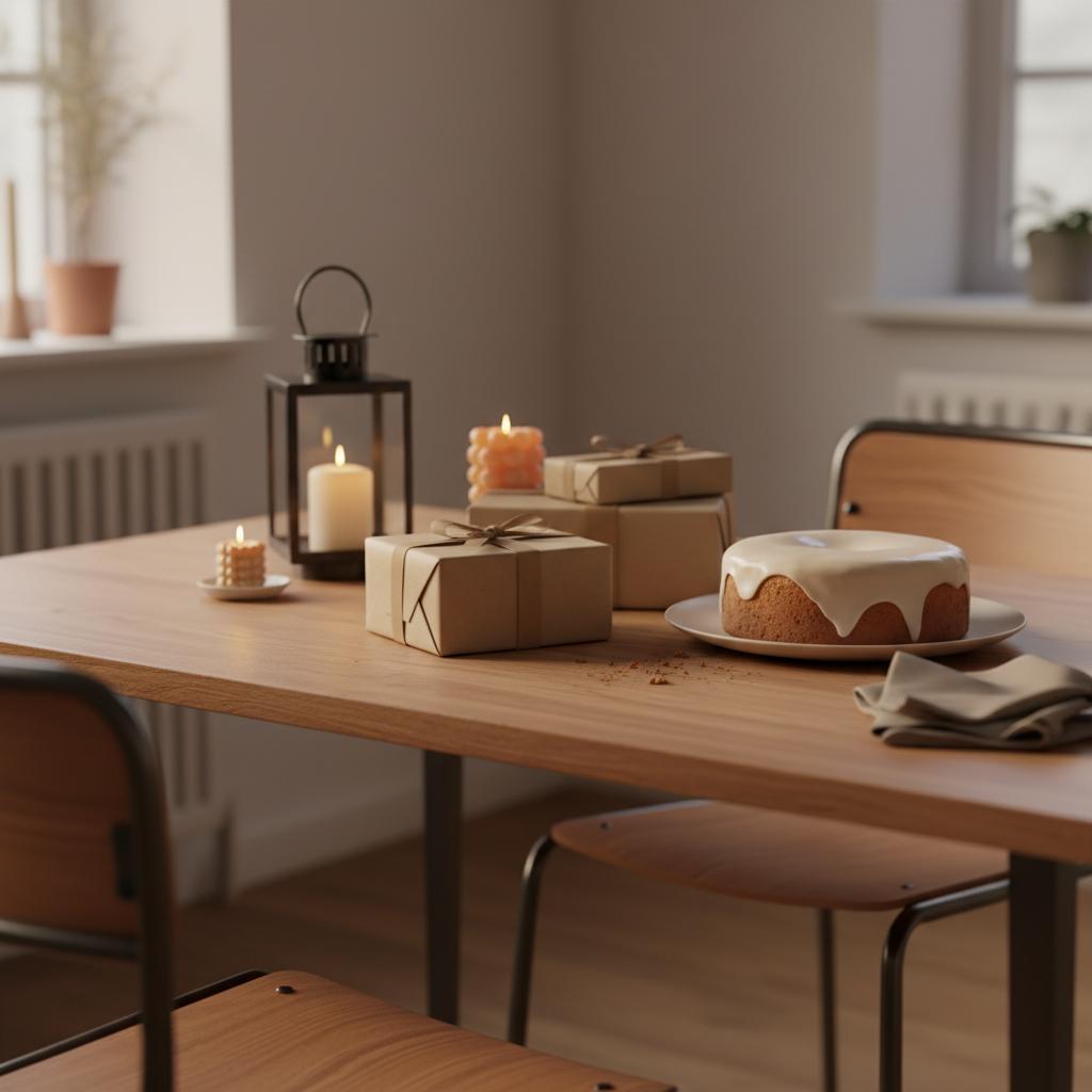 Soll ich meiner Schwester ein Geschenk machen? Nahaufnahme eines minimalistischen Esstisches mit sorgfältig verpackten Geschenken und einer einfachen Vanilletorte, warme Lichtstimmung, industrielle Metalldetails.