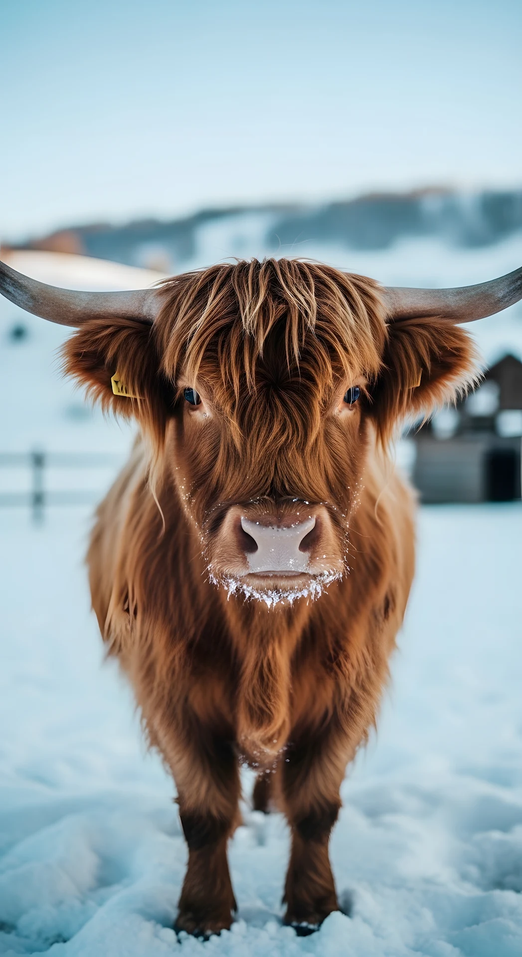 Highland Cow Portrait in Snow Covered Field - Free 4K mobile Wallpaper
