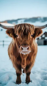 Highland Cow Portrait in Snow Covered Field