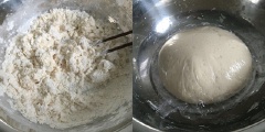 Trộn bột bánh mỳ cùng 8gr dầu ăn. Từ từ đổ nước ấm vào, dùng tay nhào đến khi bột thành một khối dẻo mịn (15 - 20 phút) thì dùng màng bọc thực phẩm bọc sơ lại, để 1 - 2 giờ đồng hồ hay đến khi bột nở gấp đôi là được.