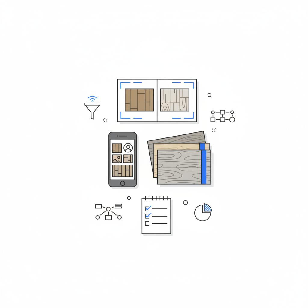 Flat-lay 2D vector of flooring marketing assets: printed gallery spread, smartphone photo grid, flooring sample cards and a minimalist checklist notepad showing planning for how to get flooring customers.