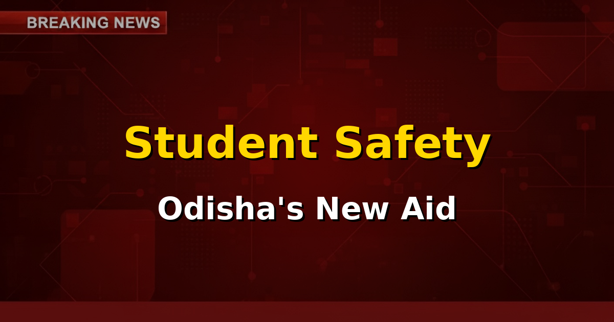 A stylized graphic showing a protective shield over students, representing the Odisha government's ex-gratia scheme and Ayushman Bharat aid.