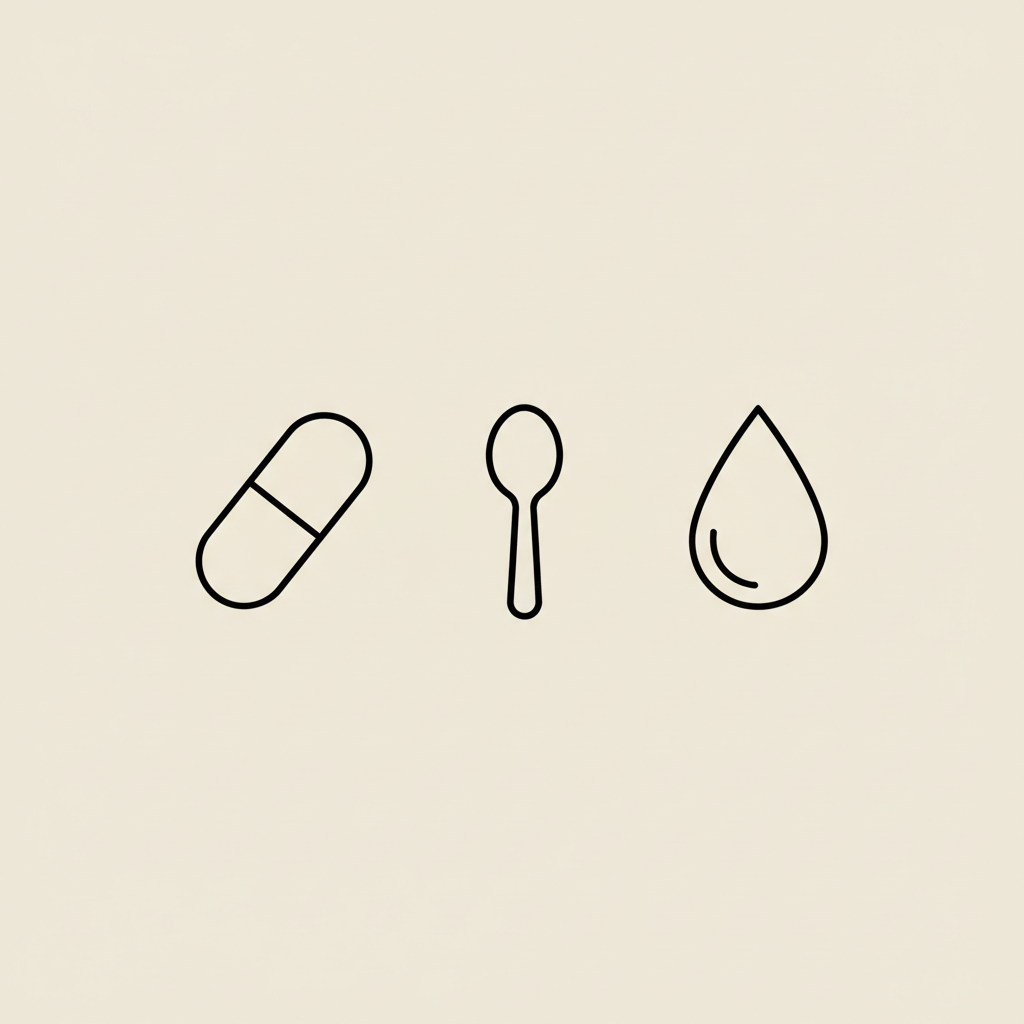 Minimalist line illustration of a capsule, spoon, and oil droplet representing C8 MCT oil on a beige #F2E5D5 background