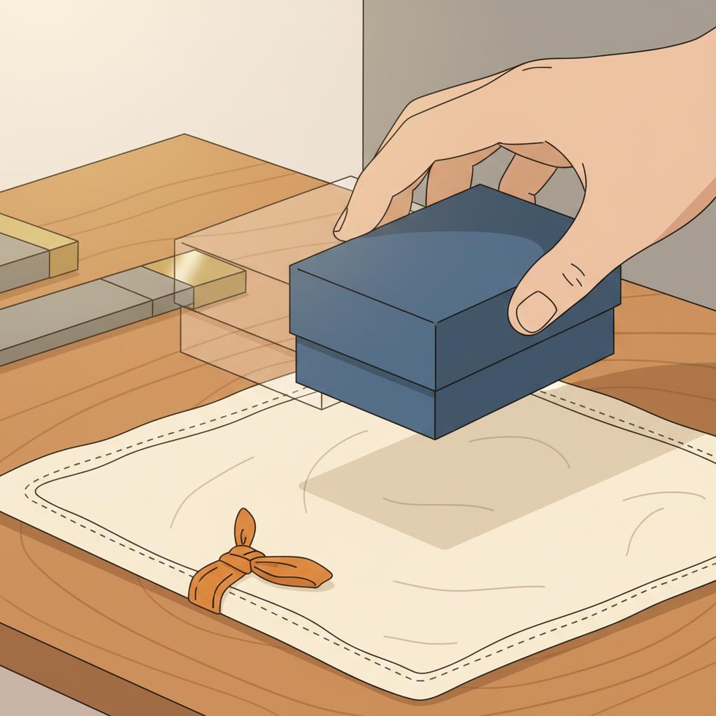 Minimalistische Vektor-Nahaufnahme: Ein kleines Geschenk, das in ein wiederverwendbares Tuch gelegt wird auf Holz mit metallischen Akzenten – geschenk für lehrer