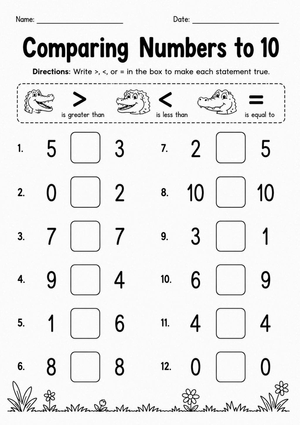 Comparing Numbers to 10 Worksheet
