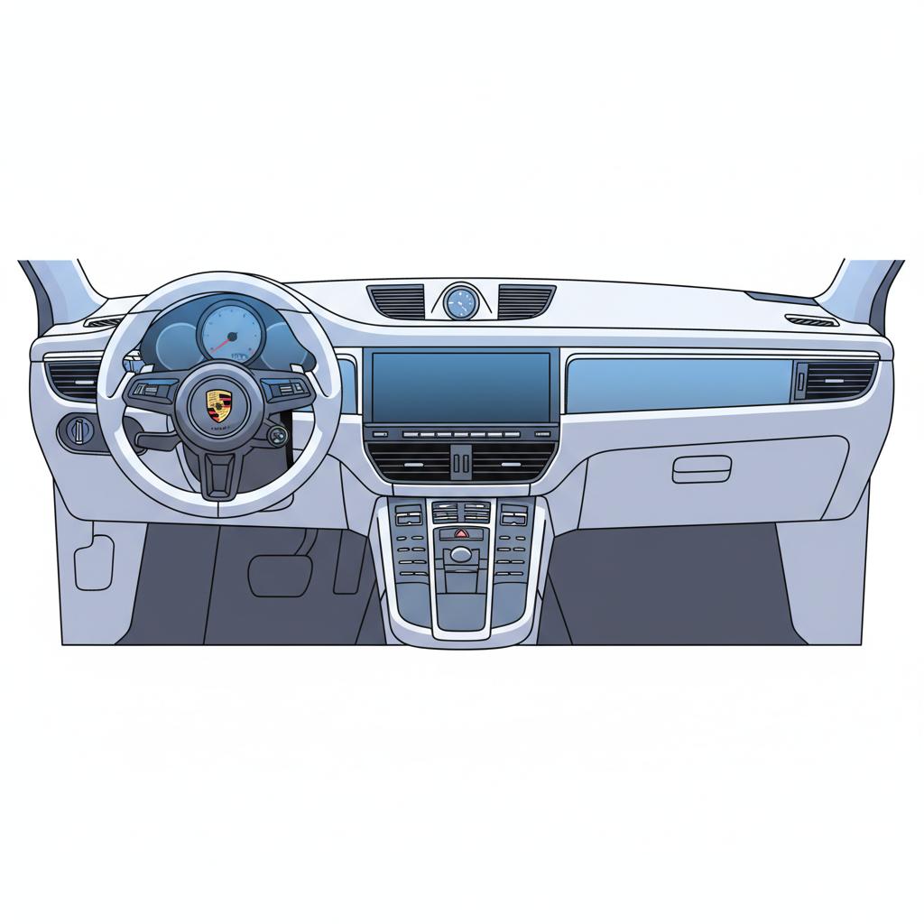 Minimal 2D vector illustration of 2024 porsche macan for sale dashboard interior with updated infotainment and digital driver display on white background with blue accents