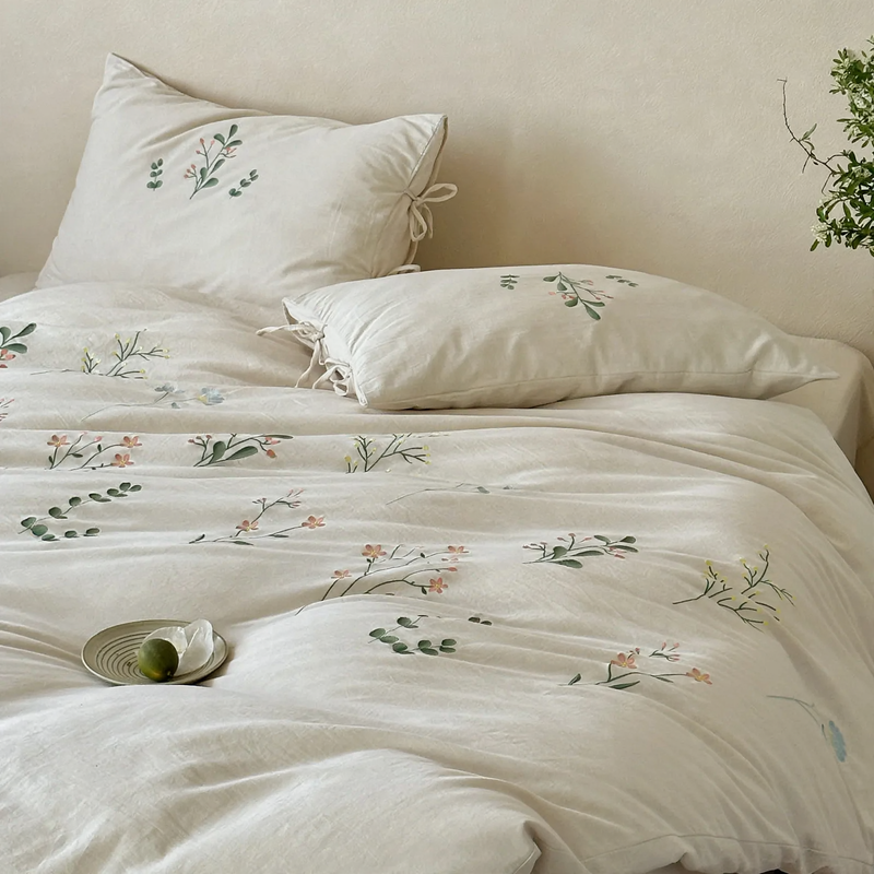 Linen-Cotton Bedding Set, Embroidered, 4-Piece
