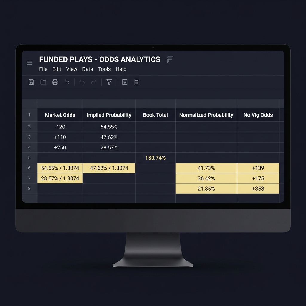 Minimalist Funded Plays style spreadsheet mockup showing market odds implied probability book total normalization and final no vig odds columns for sportsbook analytics