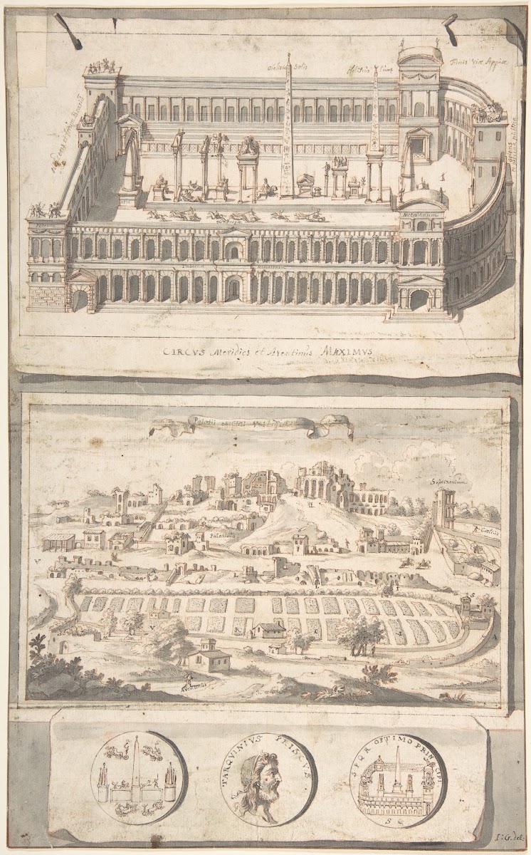 Reconstruction of the Circus Maximus above and a View of the Site below before 1