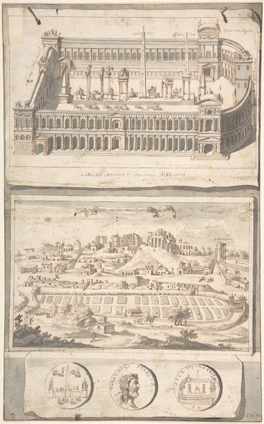 Reconstruction of the Circus Maximus above and a View of the Site below before 1