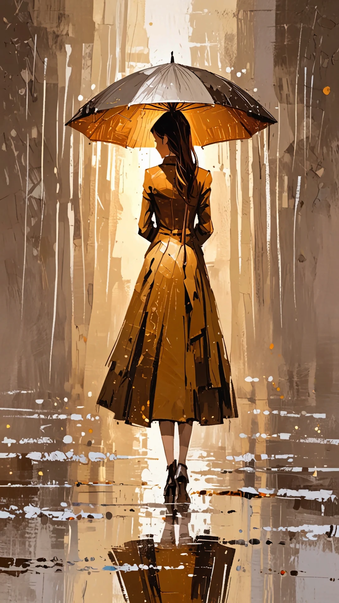 Stylish Woman with Golden Umbrella in Abstract Rain - Free 4K mobile Wallpaper