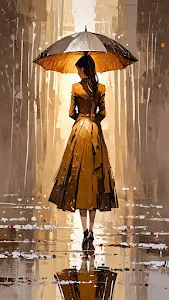 Stylish Woman with Golden Umbrella in Abstract Rain