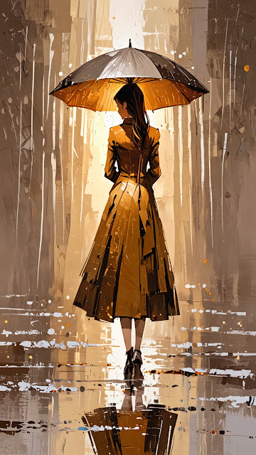 Stylish Woman with Golden Umbrella in Abstract Rain - Free mobile Wallpaper