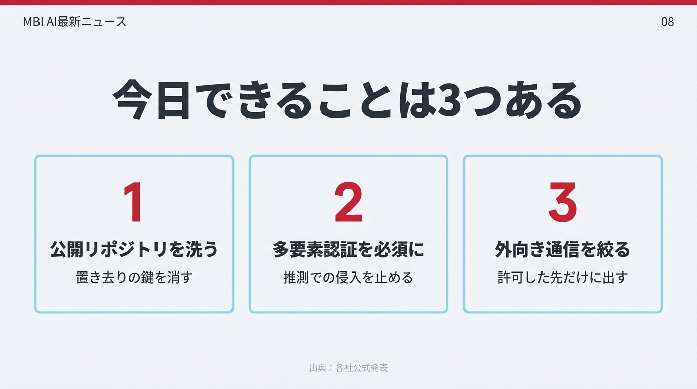 公開リポジトリを洗う、多要素認証を必須に、外向き通信を絞るという3つのカード