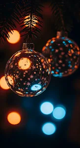 Glass Christmas Ornament Reflecting Neon Bokeh Lights