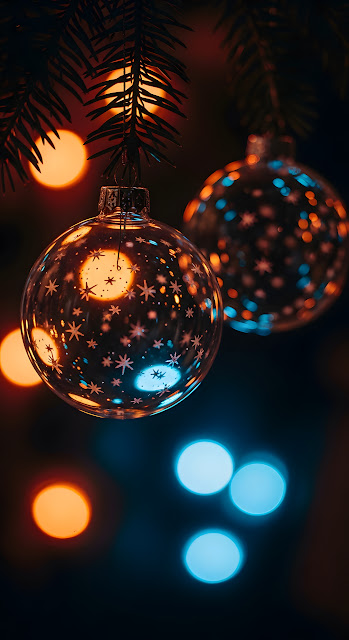 Glass Christmas Ornament Reflecting Neon Bokeh Lights - Free mobile Wallpaper