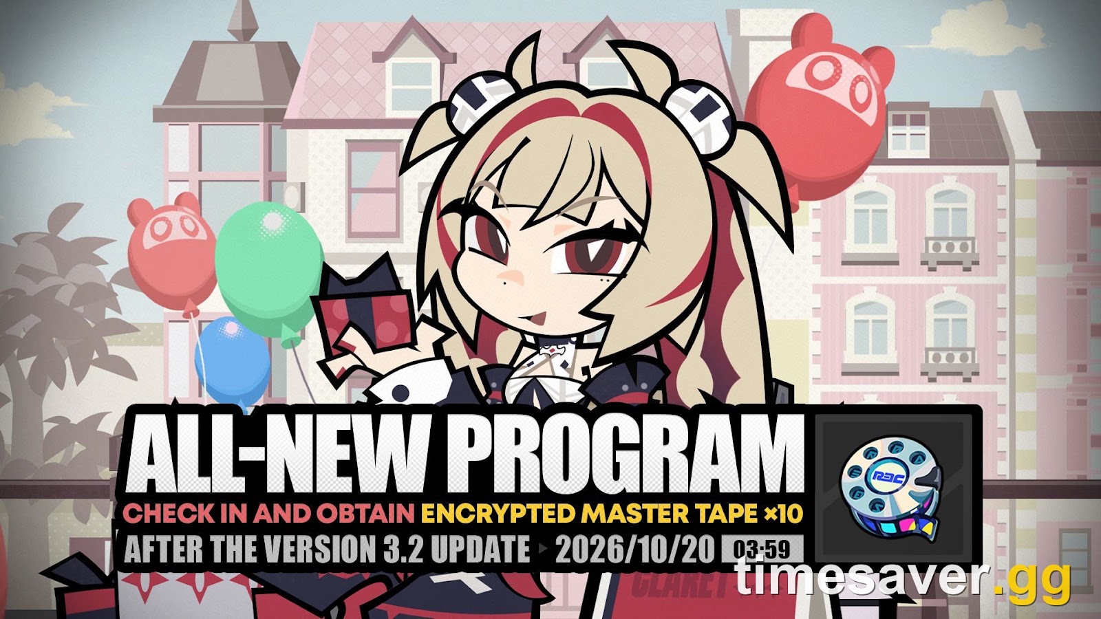 Official Zenless Zone Zero All-New Program event banner showing the log-in event ends 2026/10/20 at 03:59 and grants ten Encrypted Master Tapes