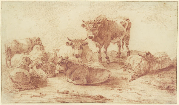 Gruppe von drei Ochsen und sechs Schafen ca 1654 1655