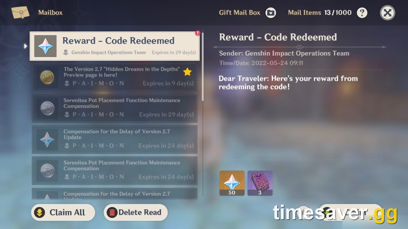 Genshin Impact in-game Mail showing a redeemed code reward