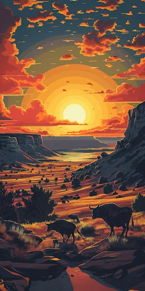 Desert Landscape, Sunset Scenery, Western Art, Canyon Illustration Full HD iPhone Wallpaper Background