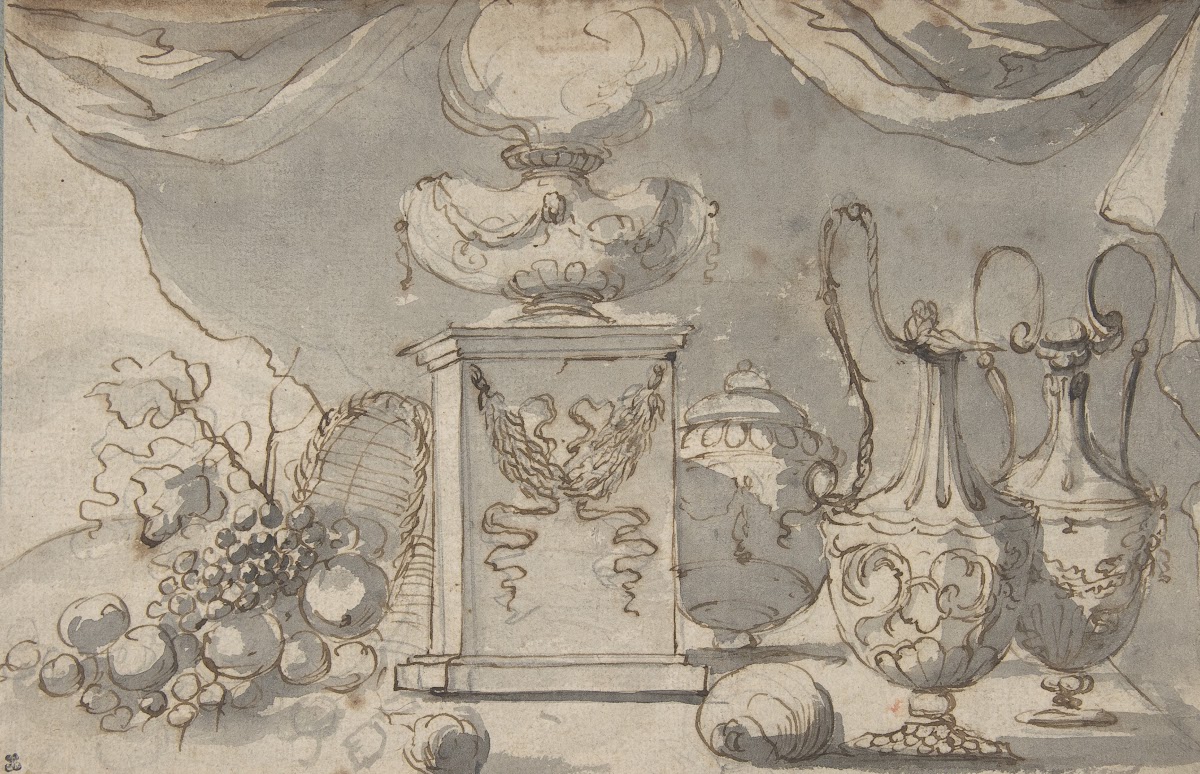 Still Life Vases a Cassolette on a Pedestal and an Overturned Basket of Fruit