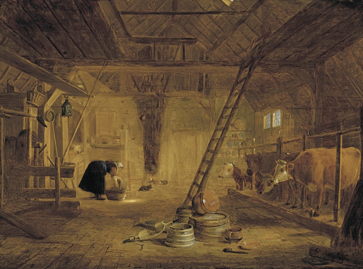 A Barn Interior With Four CowsA Milk Maid Cleaning A Pot And Earthenware Pots In