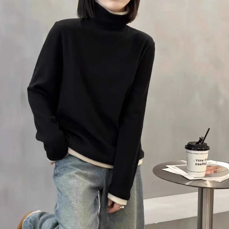 Women's long-sleeve shirt with stand-up collar and faux layer look