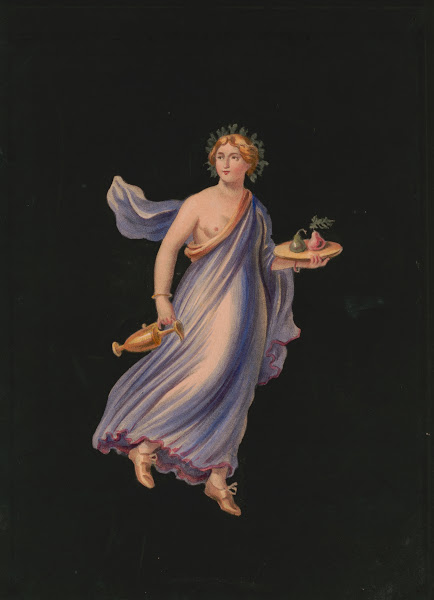 Frescoe at Pompeii showing a female figure carrying a gold pitcher and platter o