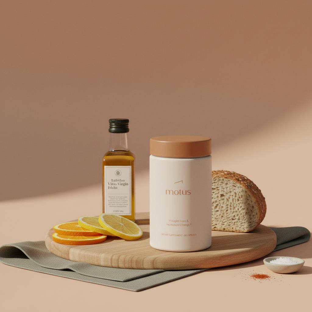 Minimal still-life of wooden cutting board with sliced citrus, whole grain bread, olive oil bottle and Motus container, supportive visual for signs of fatty liver.