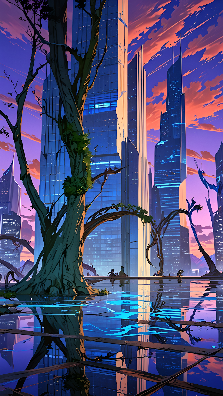 Futuristic City with Giant Tree Reflected in Water at Dusk