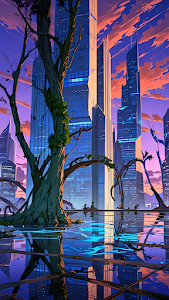 Futuristic City with Giant Tree Reflected in Water at Dusk