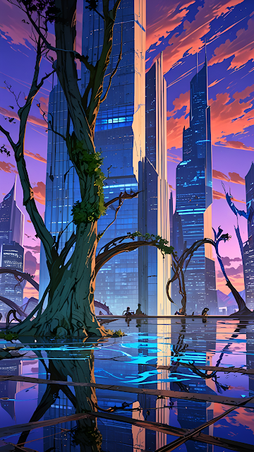 Futuristic City with Giant Tree Reflected in Water at Dusk - Free mobile Wallpaper