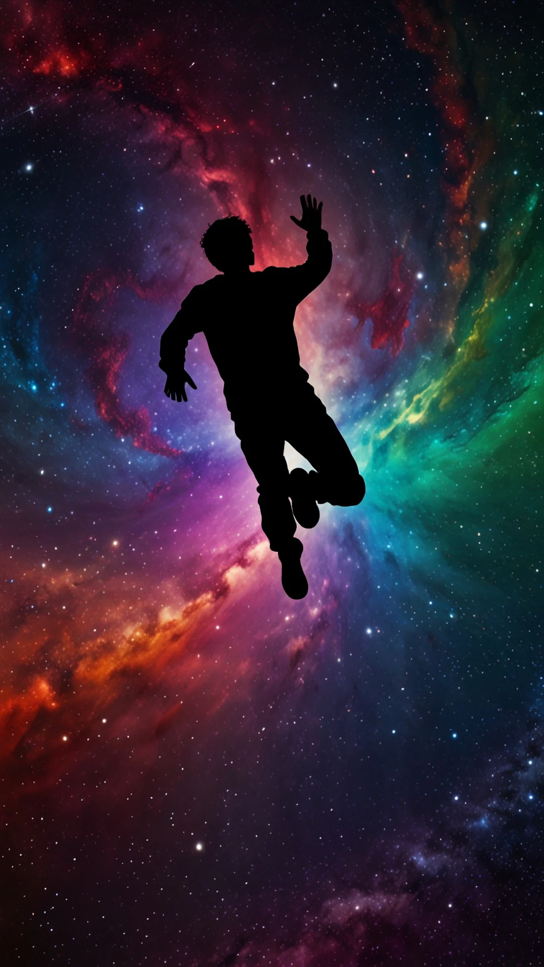 Silhouette of Person Floating in Colorful Cosmic Nebula - Free 4K mobile Wallpaper