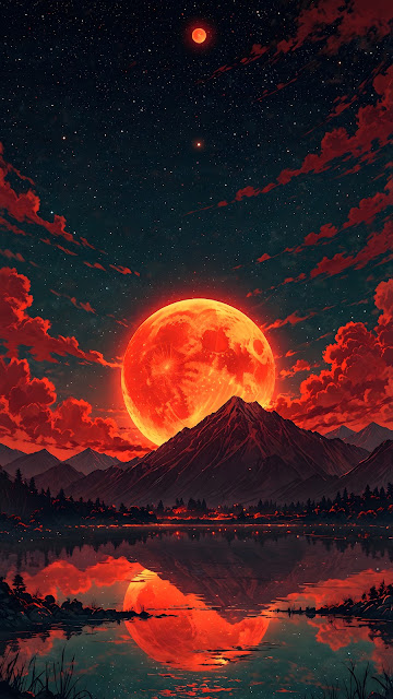 Giant Blood Moon Rising Over Mountain Lake Reflection Art - Free mobile Wallpaper