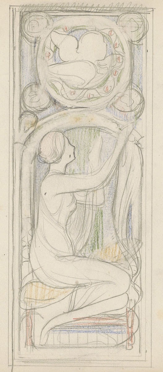 Ontwerp voor een venster met een zittende vrouw en putto in een omlijsting 1900