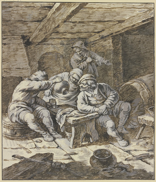Drei zechende Bauern und eine Bäerin an einer Bank