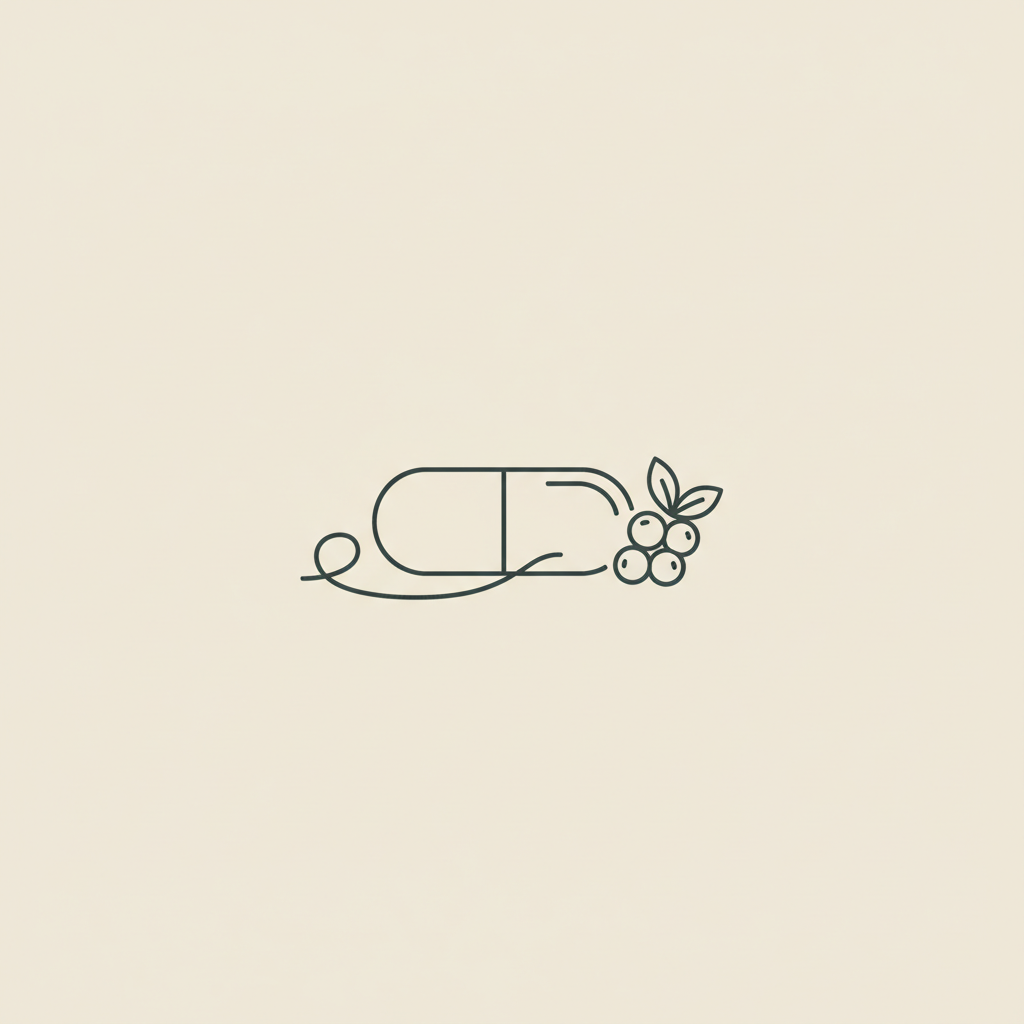 Minimalist Tonum-style line illustration of a capsule, looping tape measure, and leaf cluster on a beige background representing phentermine is working
