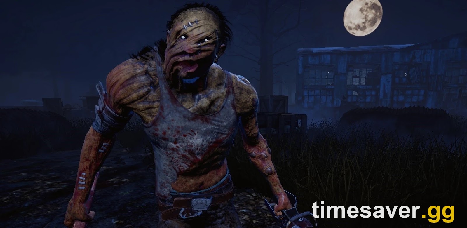 In-game Dead by Daylight screenshot of The Hillbilly mid-chase with the chainsaw at his side