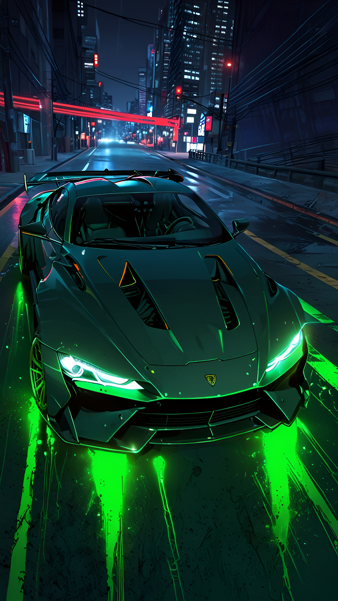 Futuristic Sports Car Neon Green Glow Night City Drive - Free 4K mobile Wallpaper