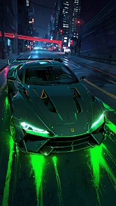 Futuristic Sports Car Neon Green Glow Night City Drive