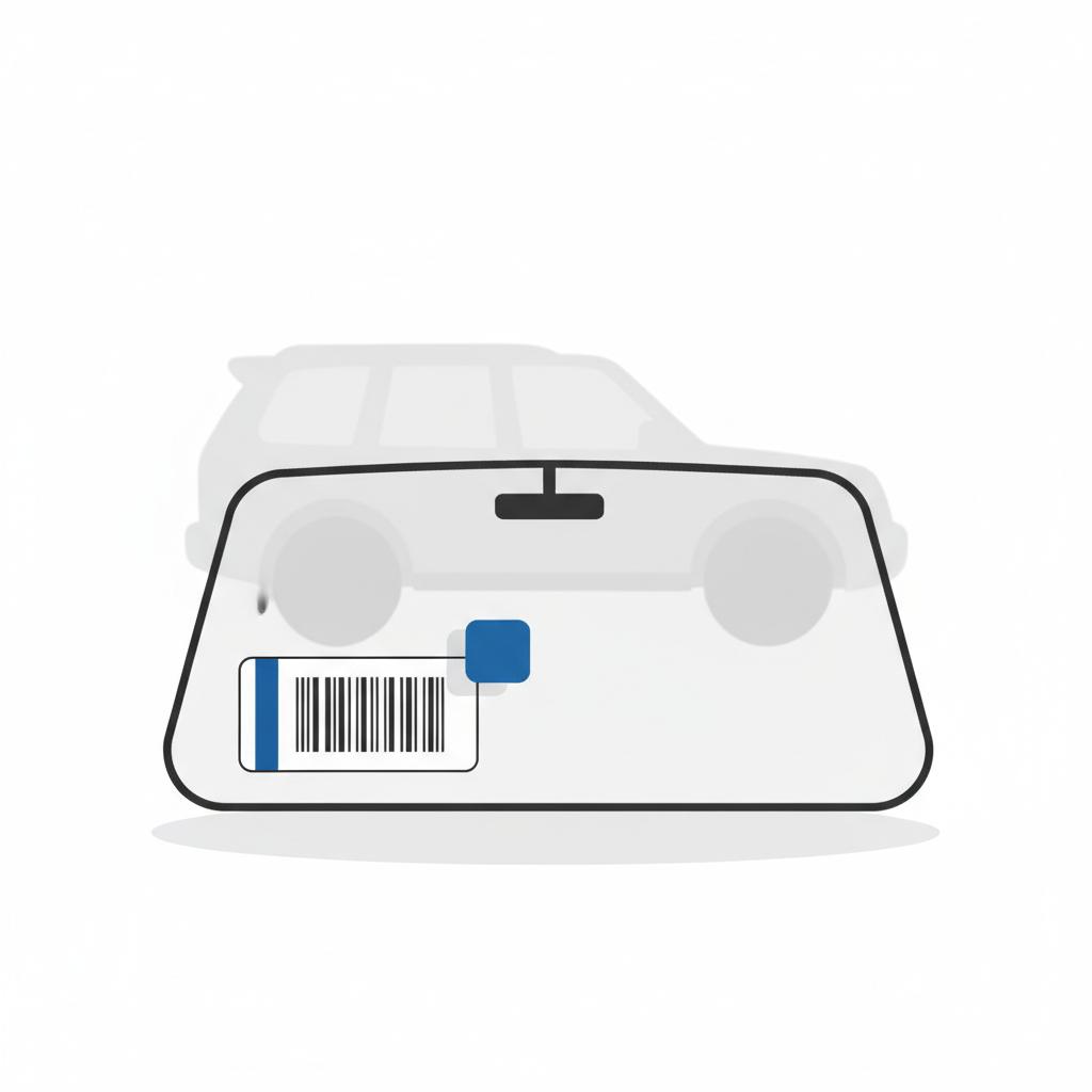 Minimalist 2D vector infographic of a VIN barcode sticker on a windshield with a blurred SUV silhouette in the background emphasizing RAV4 vs CX-5 reliability