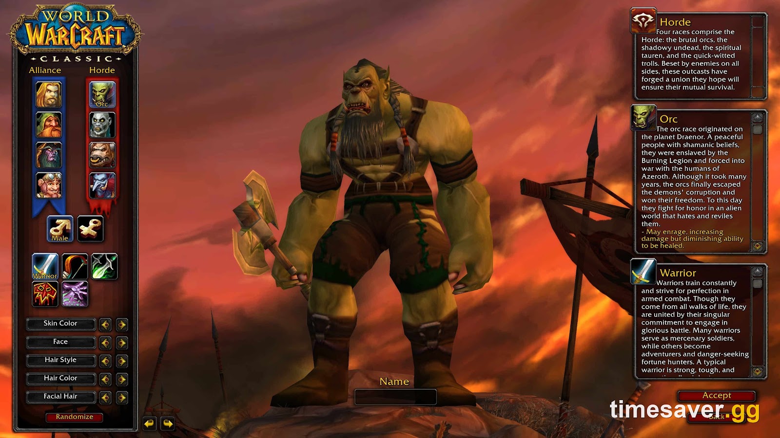 WoW Classic character-creation and race-selection screen, where you pick your race and class before rolling a fresh Forever character